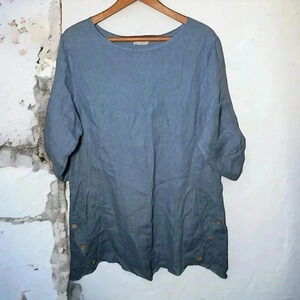 Italian linen boho artsy ocean blue boho dress  with wooden buttons S